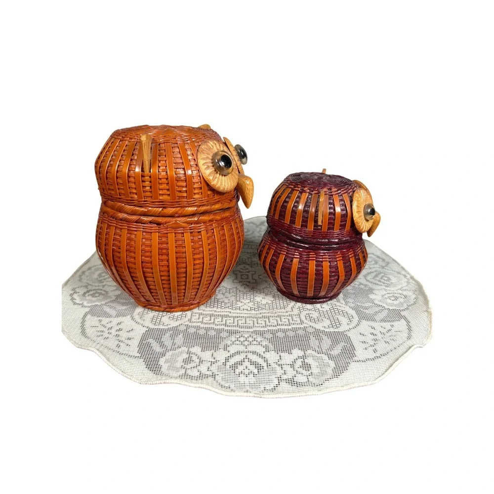 Vintage Woven Wicker Bamboo Owl Nesting Baskets Trinket Boxes Boho Decor Set/2